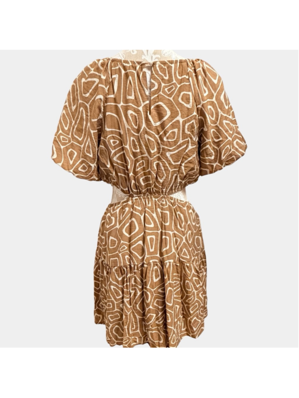 Boho Cutout Mini Dress Brown Abstract Print Puff Sleeve Festival L - Picture 12 of 16